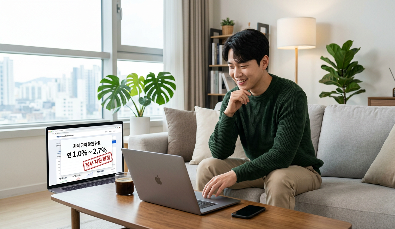 노트북으로 대출 금리를 비교하며 만족스러운 미소를 짓는 모습