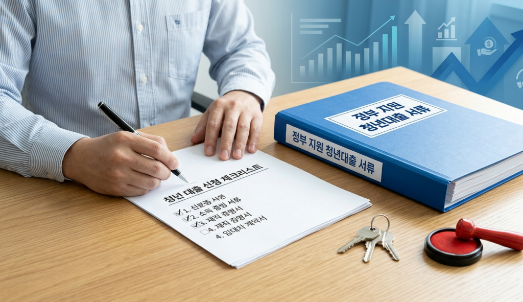 정부 지원 청년 대출 서류'가 적힌 폴더와 함께 체크리스트를 작성하는 모습