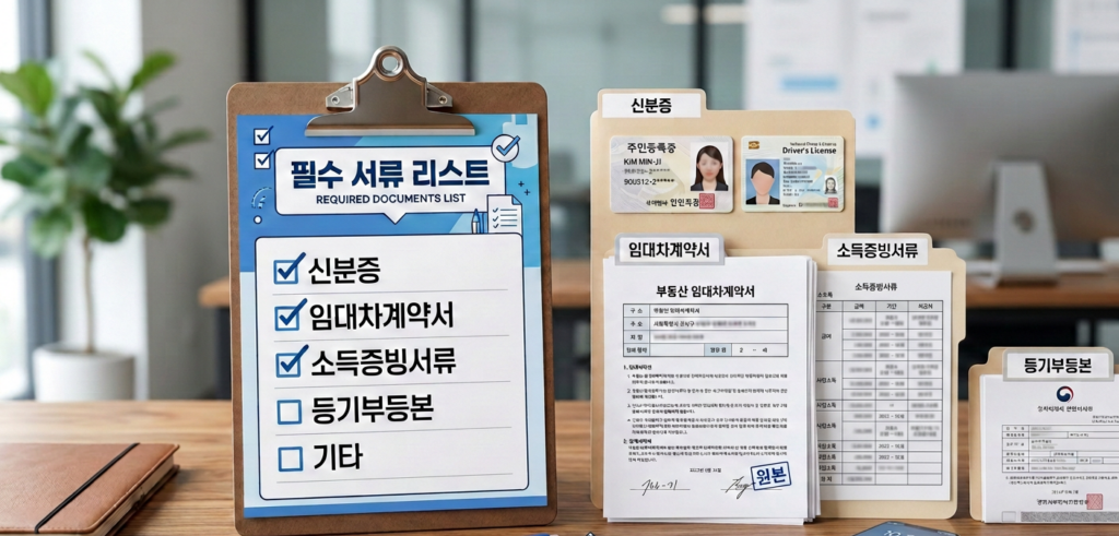 2026년 청년 월세 지원 대상자 확인 후 신청 필수 서류 리스트가 적힌 체크보드.