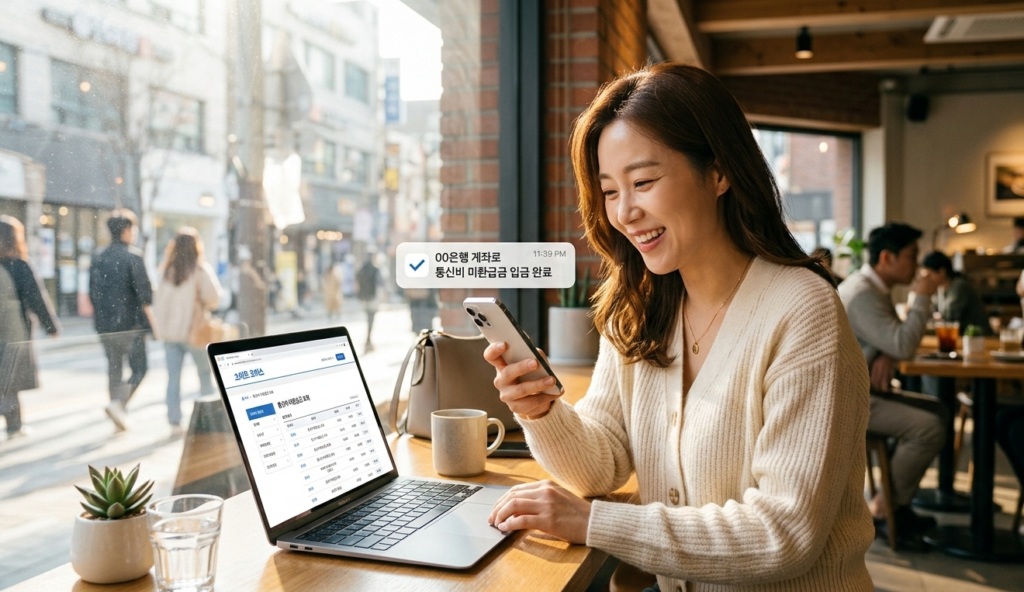 2026년 통신비 미환급금 조회를 통해 스마트폰으로 환급금을 확인하는 여성