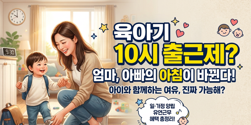 일가정 양립 지원제도 중 육아기 10시 출근제에 대한 설명. 시간적 여유'와 '행복한 육아'라는 키워드가 직관적으로 전달